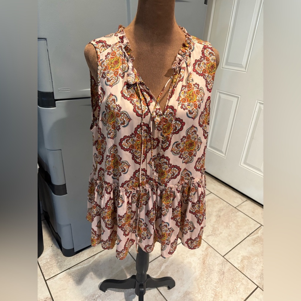 LOFT Pink Floral Medallion Ruffled Tie-Neck Camisole